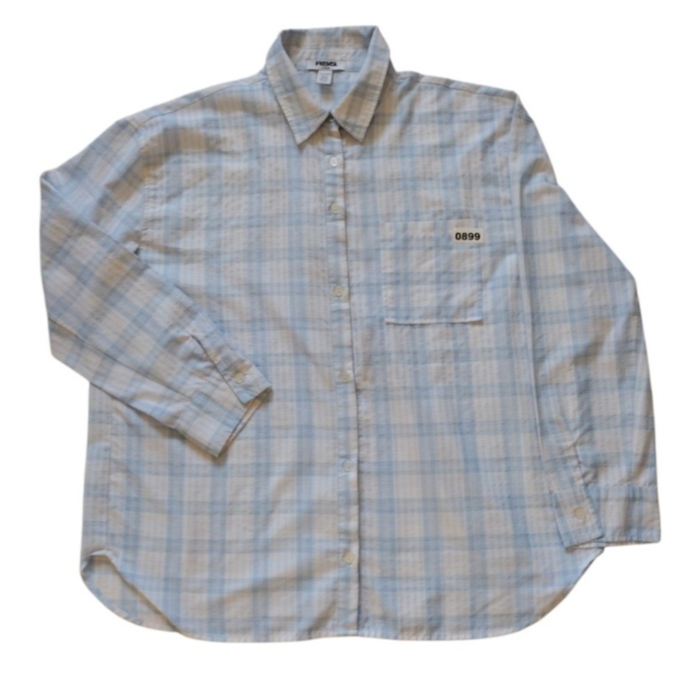 SRQ Button‎ Up Shirt Man XL Blue White Plaid Long Sleeve Pocket Casual